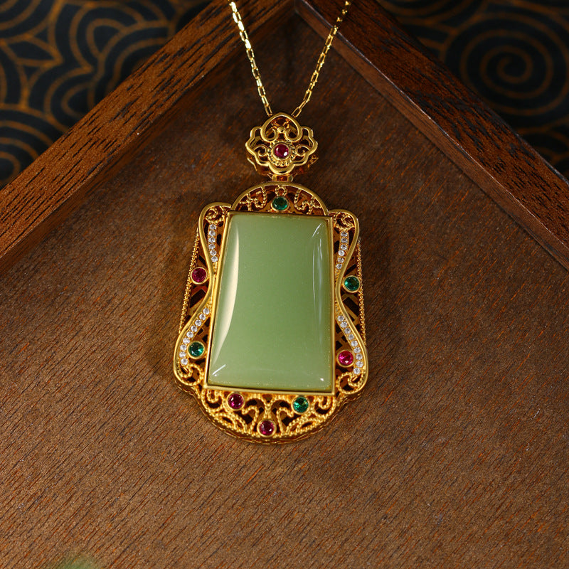 Real Gold Plated, Micro-inlaid Colored Diamond Imitation Hetian Jade Pendant Necklace for Men and Women
