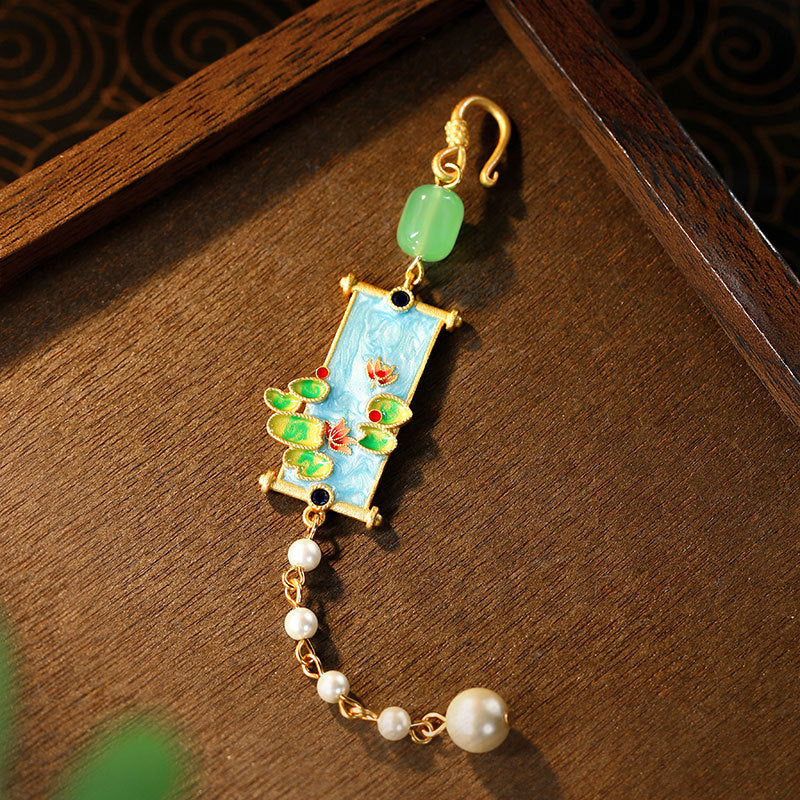 Safflower Green Leaves Landscape Painting Cheongsam Flap Pendant Brooch