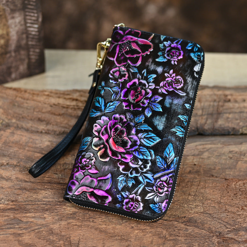 Genuine Leather Women's Wallet, Large Capacity, Multi Card, Embossed Handmade, Colorful Zipper Bag