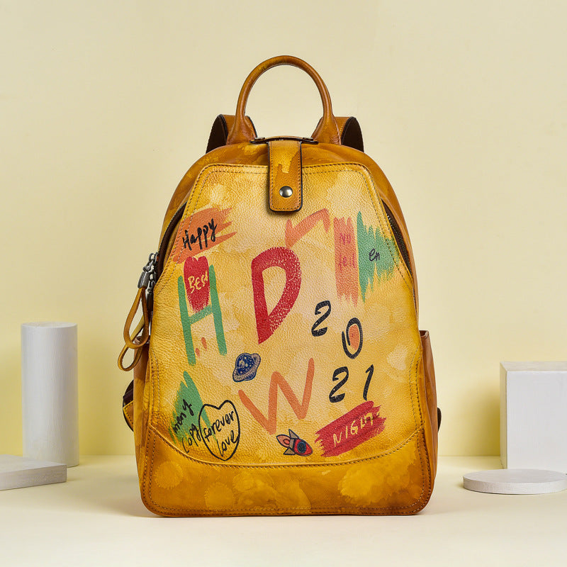 Retro Cowhide Women's Large Capacity Backpack, Graffiti Fashion All-match