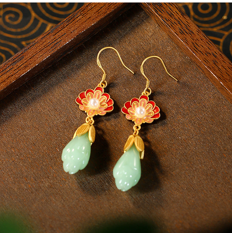 Aieryuan 925 Silver Lotus Earrings with Enamel Imitation Jade