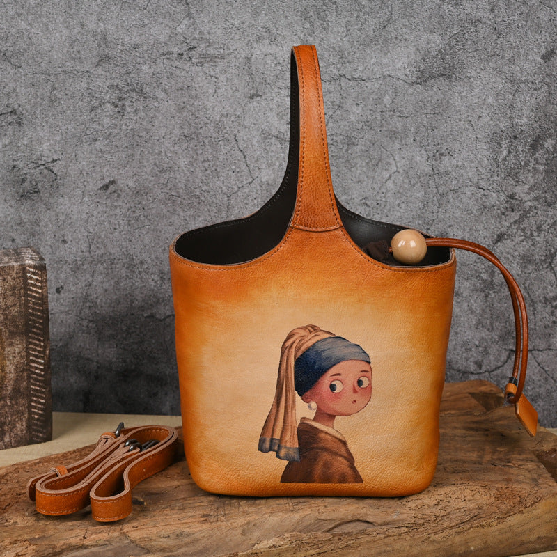 First layer cowhide lazy style printed blue bucket bag