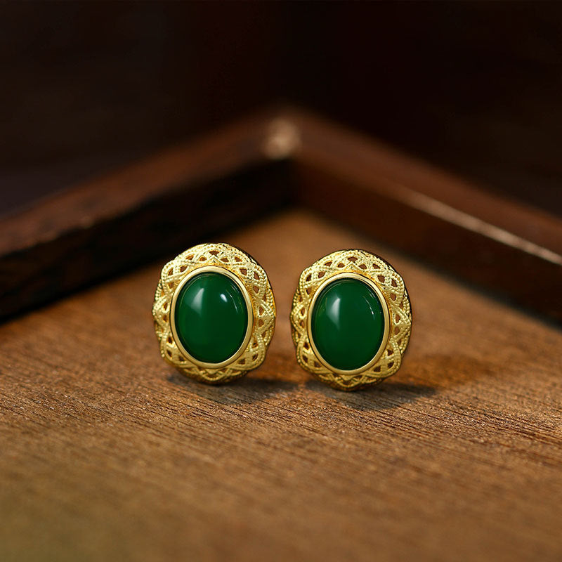 Imitation Hetian Jade 925 Silver Needle Agate Earrings with Hollow Pattern