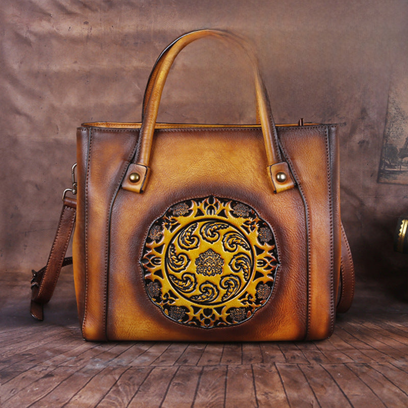 Top Layer Cowhide Women's Crossbody Bag, Vegetable Tanned Leather, Embossed & Hand-polished