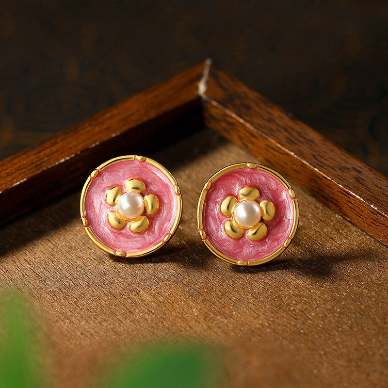 Vintage Silver Needle Camellia Imitation Pearl Ear Studs for Women