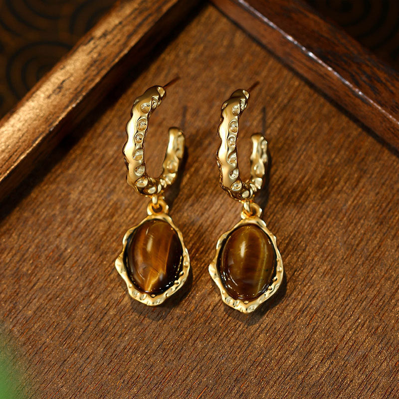 Fashion Light Luxury Elegant Maillard Tiger Eye Stone Drop Earrings, Niche Design