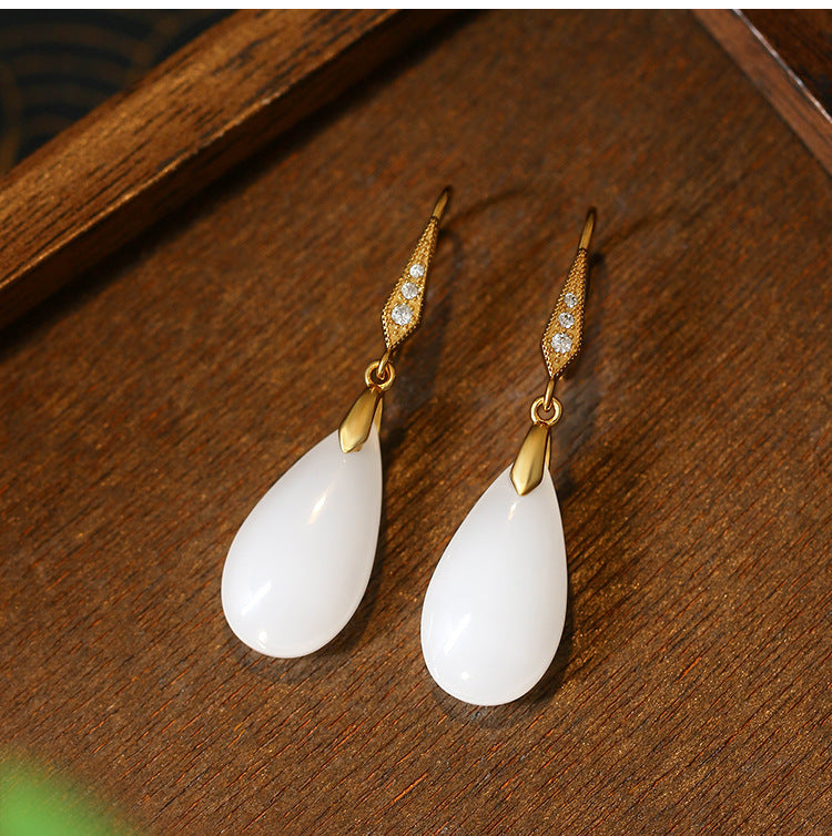 Imitation White Jade Water Drop Earrings for Women - Simple and High Sense