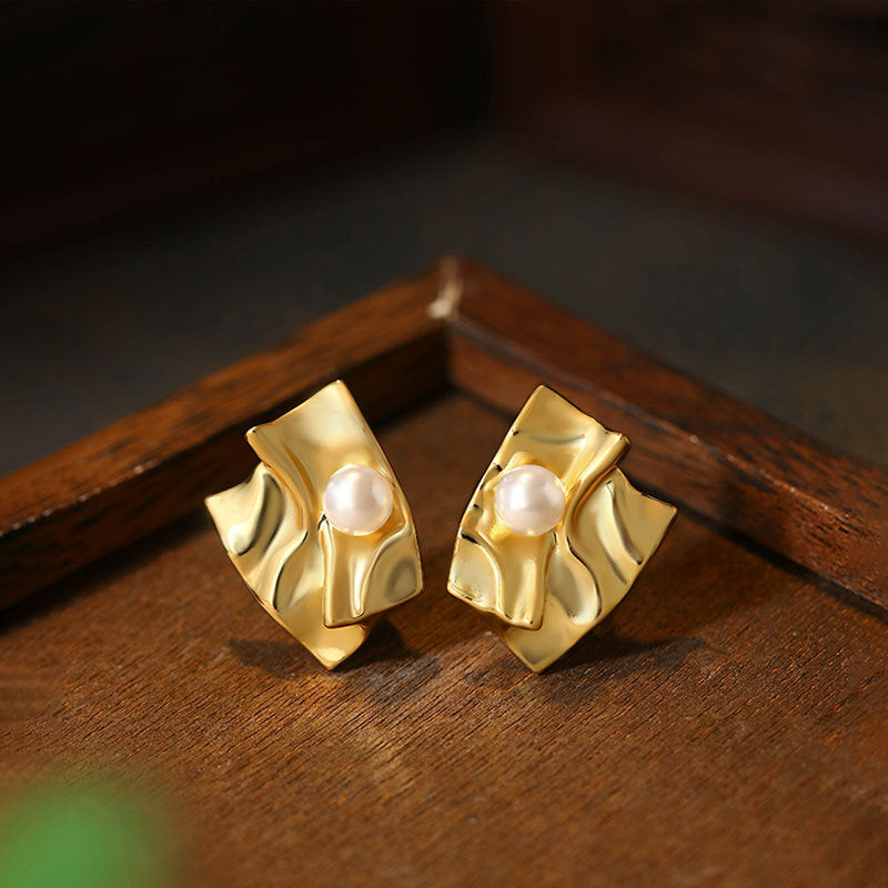 Irregular Exaggerated Shi Jia Pearl Golden Earrings for Women