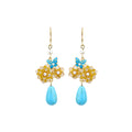 Filigree Burned Blue Butterfly Love Flower Turquoise Earrings, All-match for Hanfu & Cheongsam