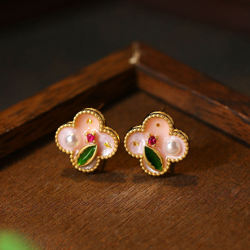 Real gold plating enamel drop glaze four-leaf clover earrings for women