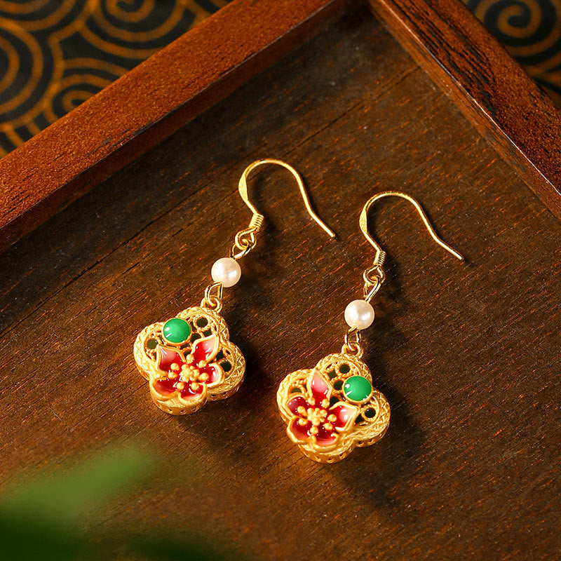 Real Gold Electroplated 925 Silver Pin Earrings with Imitation Jade Pearls for Women