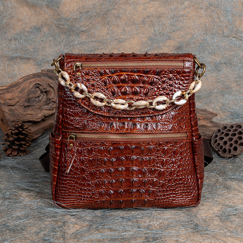 Top Layer Cowhide Crocodile Pattern Embossed Leather Backpack