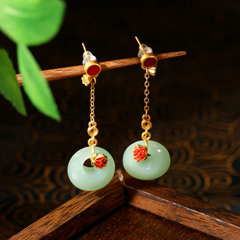 Enamel Color Drop Glaze Imitation Jade Lotus Earrings