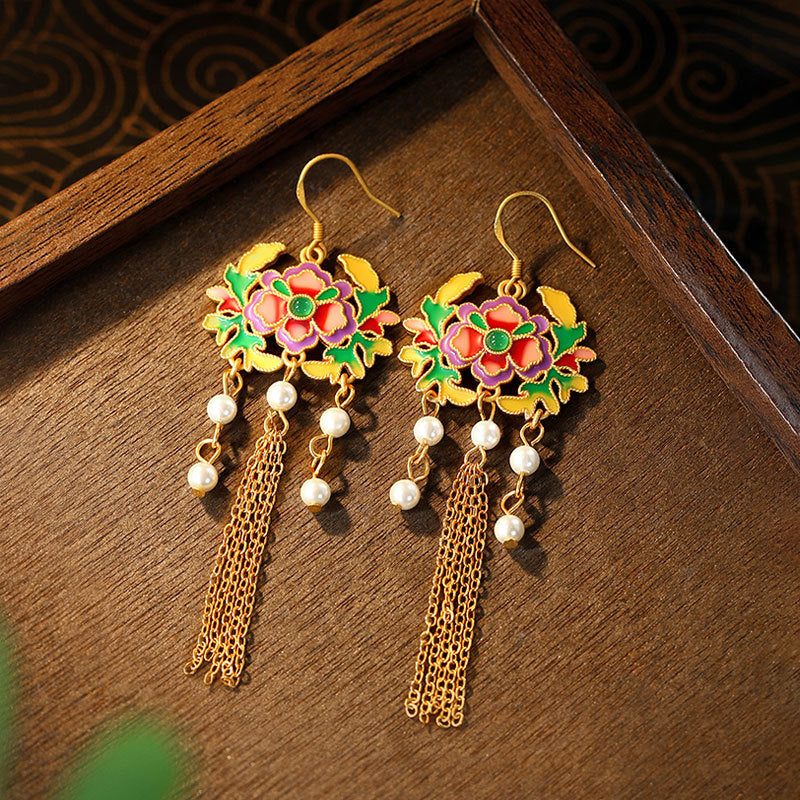 925 Silver Hand-made Enamel Blossom Tassel Pearl Earrings for Women