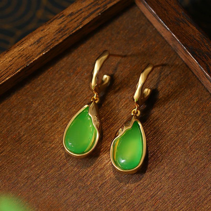 925 Silver Needle Earrings Inlaid with Imitation Jade, Simple Water Drop Design for Women