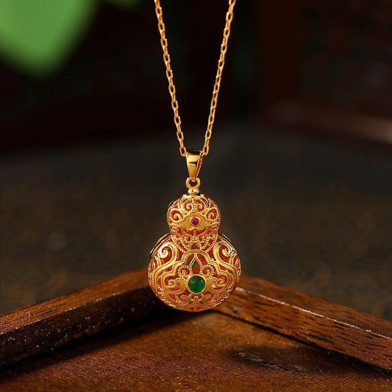Gold Plated Jasper Hollow Gourd Fulu Sachet Necklace with Retro Xiangyun Ruyi Design