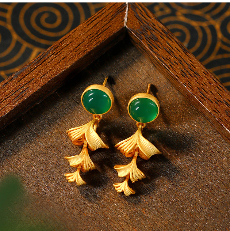 925 Gold Plated Hollow Ginkgo Leaf Round Imitation Jade Earrings