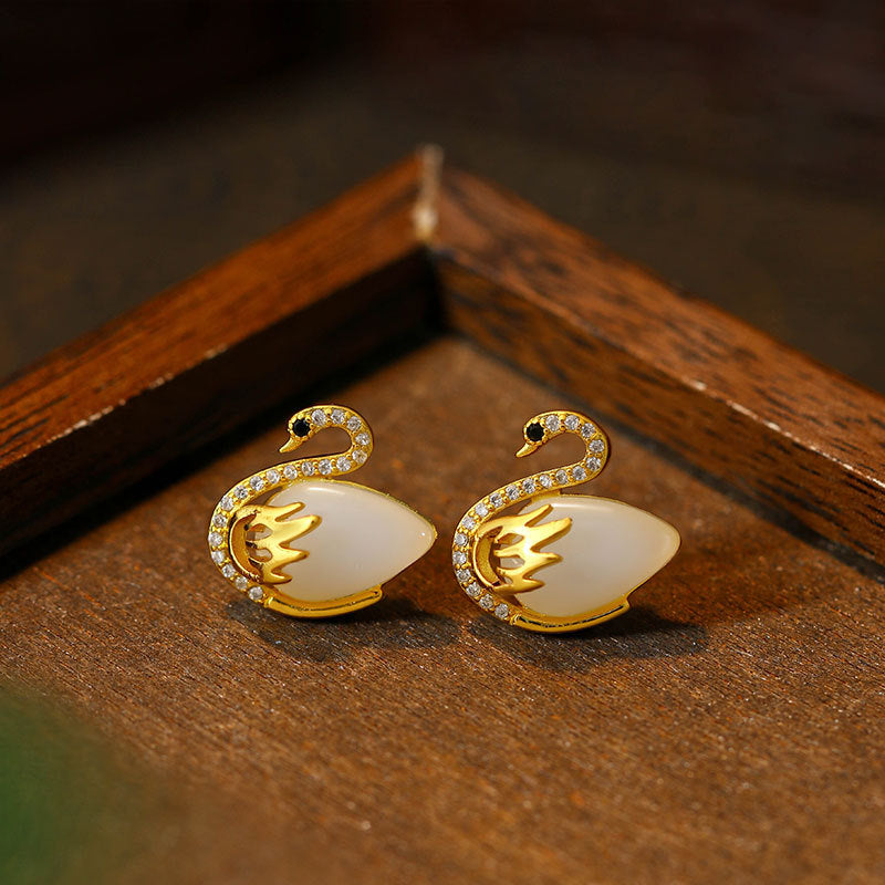 Elliform 925 Silver Needle Gold-plated Imitation Hetian Jade Swan Earrings