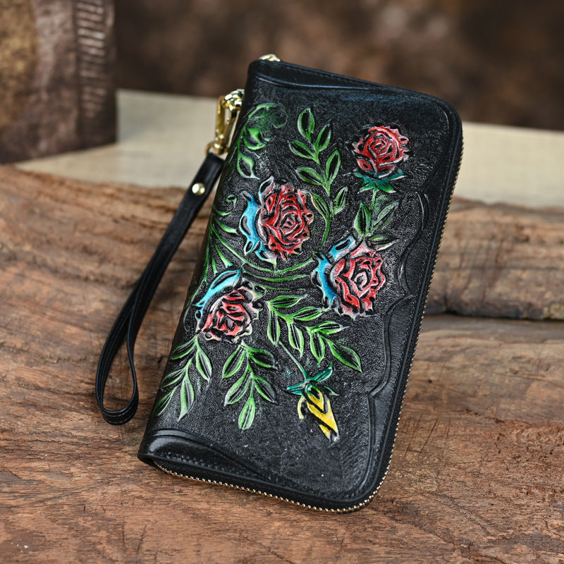 Retro Leather Wallet, Large Capacity, Multi-card, Embossed, Handmade, Colorable Zipper Bag