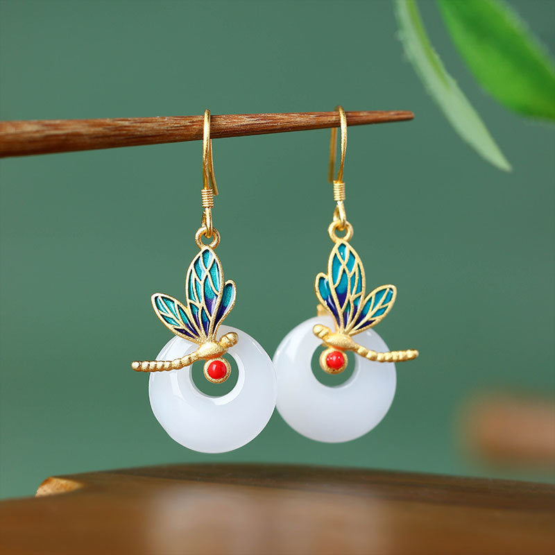 True Gold Color Gold-plated Imitation Hetian Jade Safety Buckle Enamel Dragonfly Round Earrings