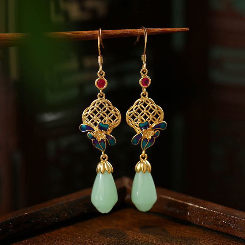 National tide style ancient enamel gold-plated imitation Hetian jade orchid earrings