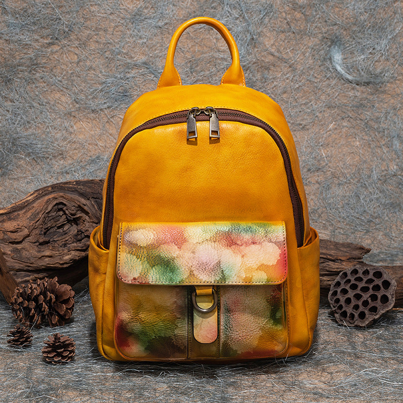First Layer Cowhide Vegetable Tanned Leather Backpack for Women - Multi-Purpose, Retro Brushed Design
