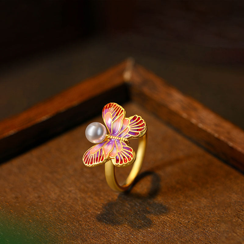 Enamel Oil Drop Pink Butterfly Shape Adjustable Pearl Ring