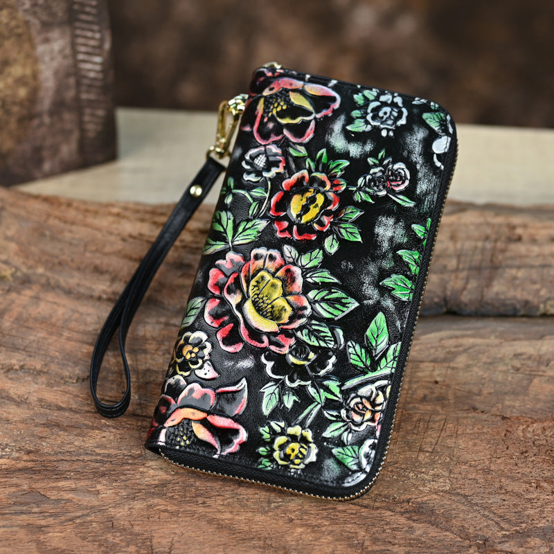 Genuine Leather Women's Wallet, Large Capacity, Multi Card, Embossed Handmade, Colorful Zipper Bag