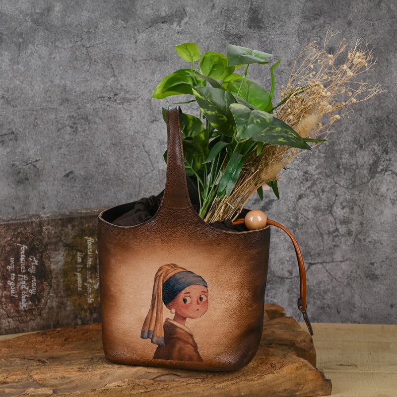 First layer cowhide lazy style printed blue bucket bag