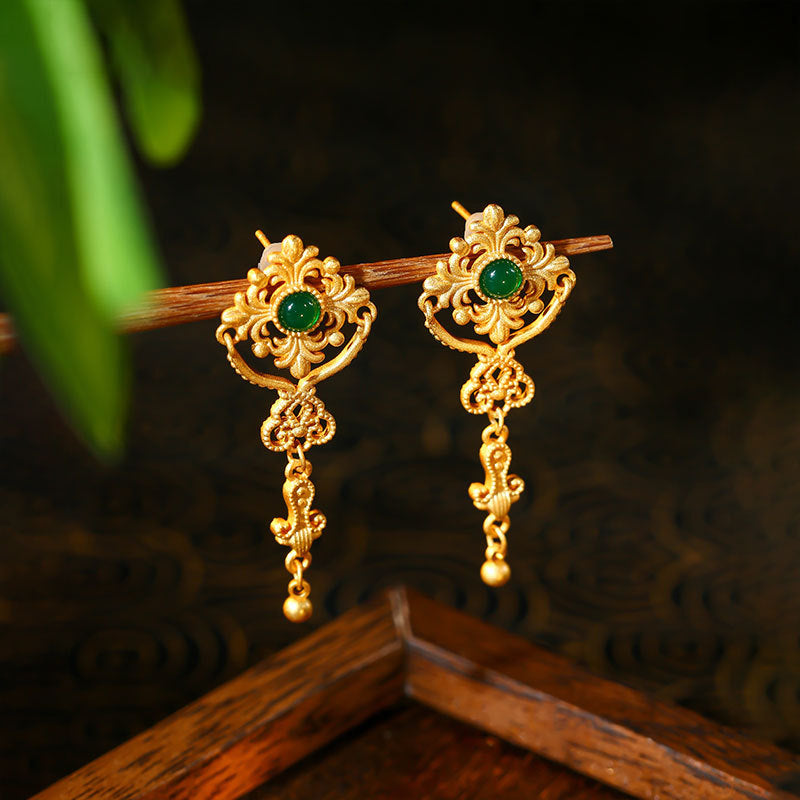 Ancient Method Gold-plated Imitation Jade Lace Tassel Earrings, Silver Needle