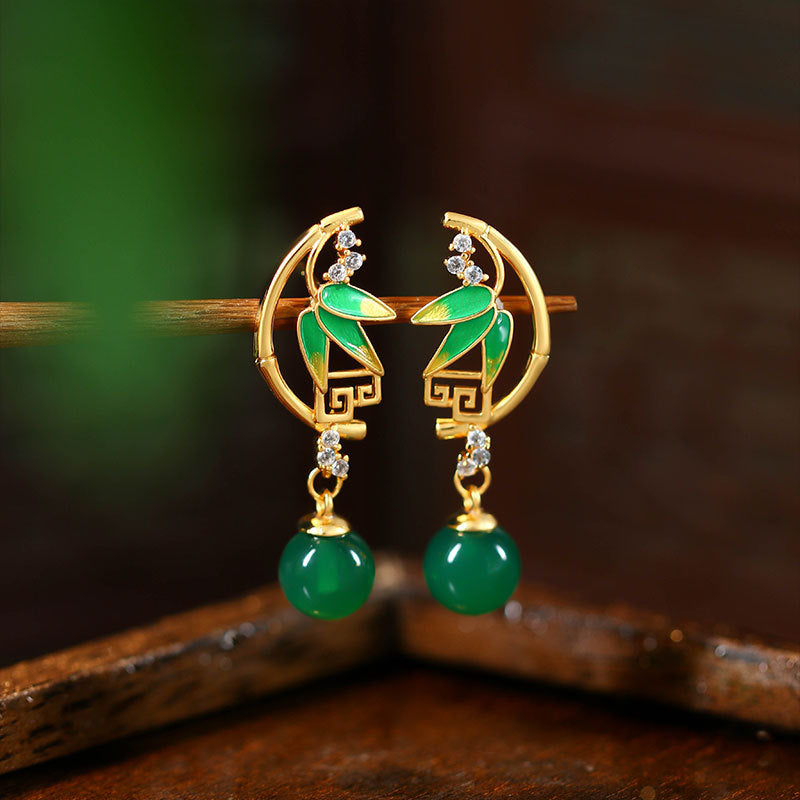 Green Bamboo Leaf Chalcedony Earrings - Niche Design, All-match