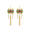 925 Silver Hand-made Enamel Blossom Tassel Pearl Earrings for Women