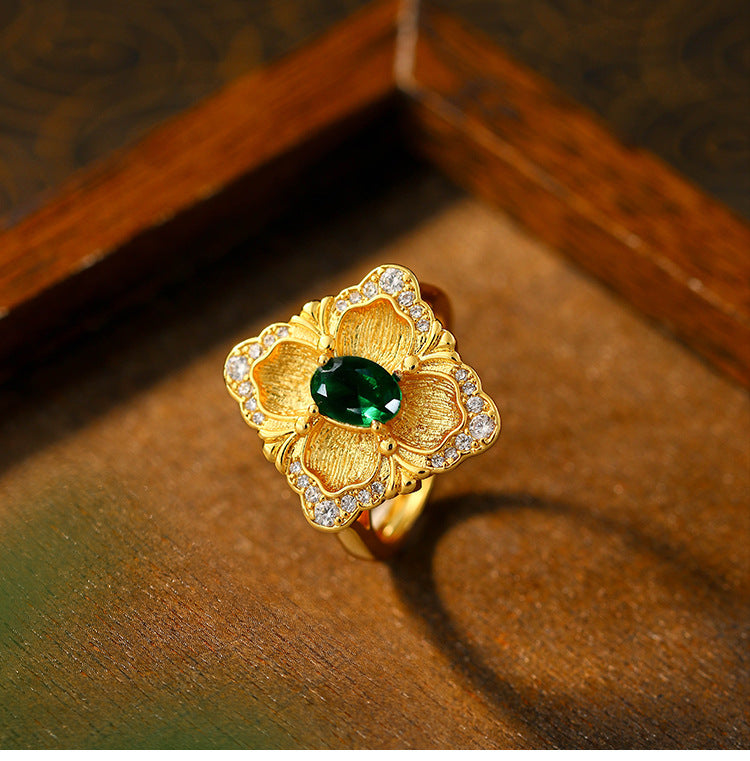 Real Gold Plated Italian Jewelry Ring with Vintage Imitation Panjshir Emerald Color