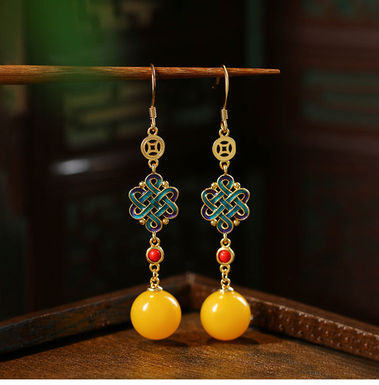 Imitation Beeswax Amber Earrings with Niche Design and Chinese Knot Blessing