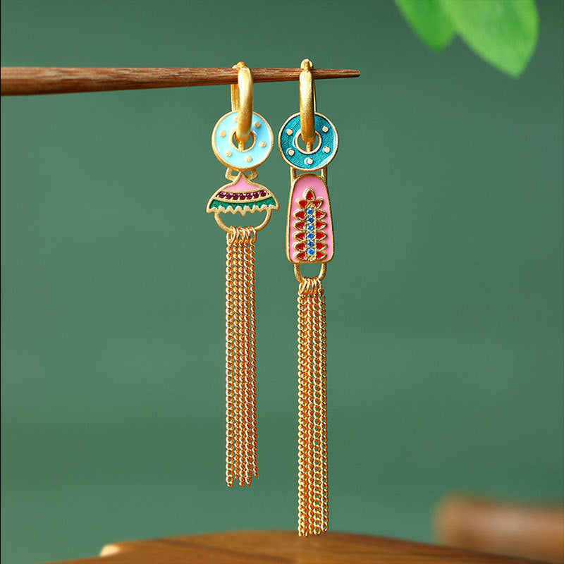 Asymmetric Color Tassel Enamel Earrings