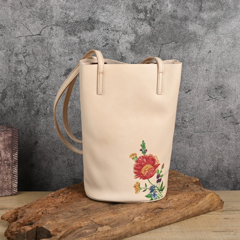 2025 Hand-Polished First Layer Cowhide Shoulder Bucket Bag, Lazy Literary Retro Print