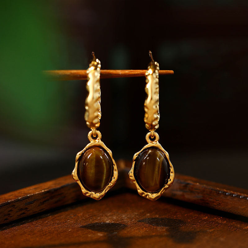 Fashion Light Luxury Elegant Maillard Tiger Eye Stone Drop Earrings, Niche Design