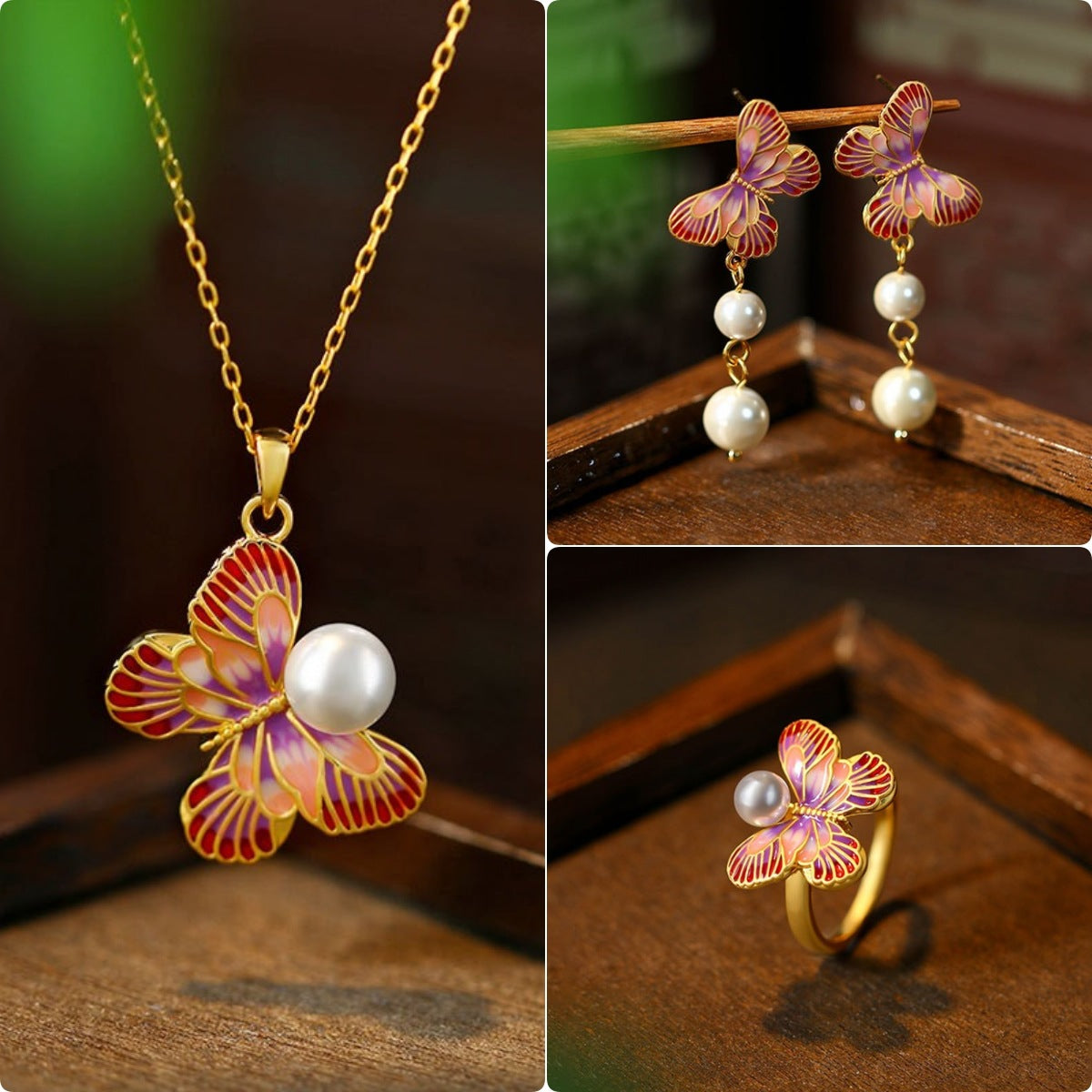 Enamel oil drop pink butterfly shape pearl earrings ring necklace suit for women