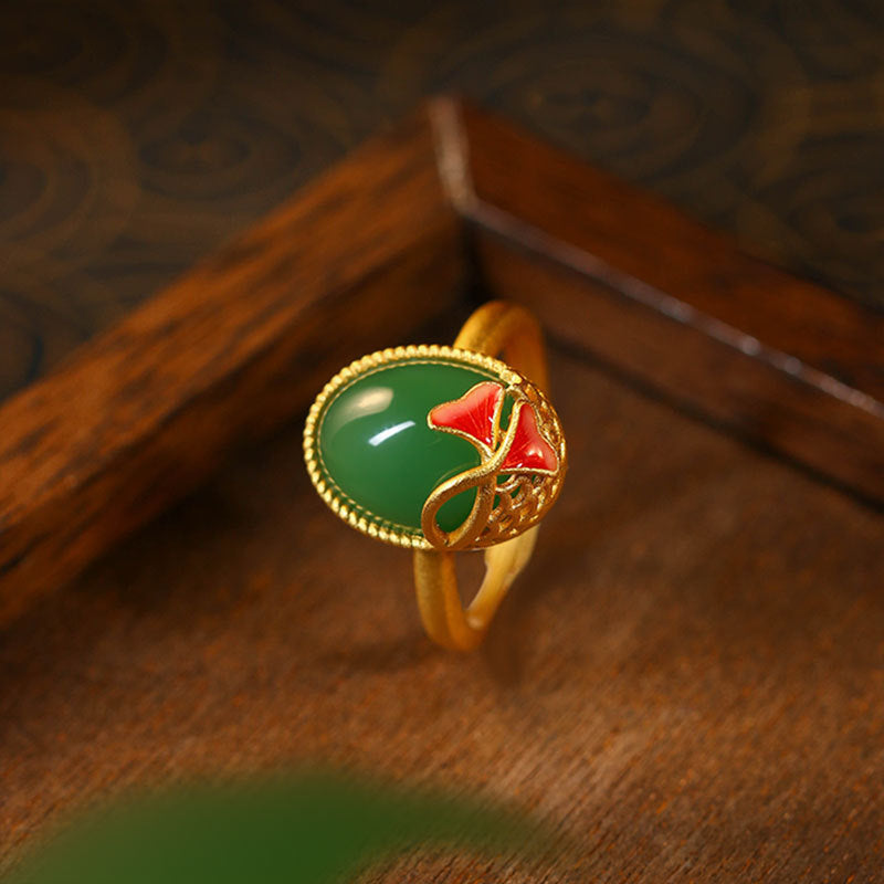 Original Design Gold Plated Enamel Apricot Leaf Imitation Jade Ring