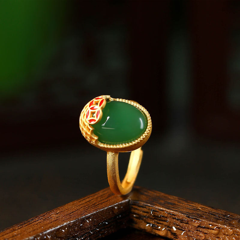 Red Riding Book Ring with Real Gold Plating and Imitation Emerald, Wealth Rolling Egg Design