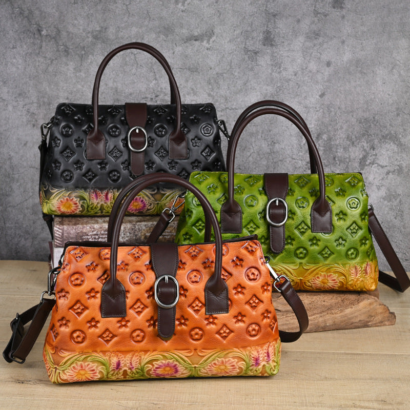 Vegetable Tanned Leather Embossed Handmade Multipurpose Handbag