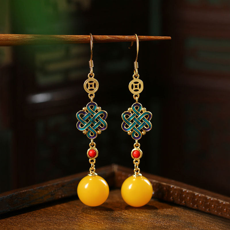 Imitation Beeswax Amber Earrings with Niche Design and Chinese Knot Blessing