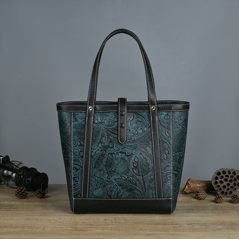 Vintage Cowhide Tote Bag, Large Capacity, Vegetable Tanned Leather, Embossed, Hand-polished