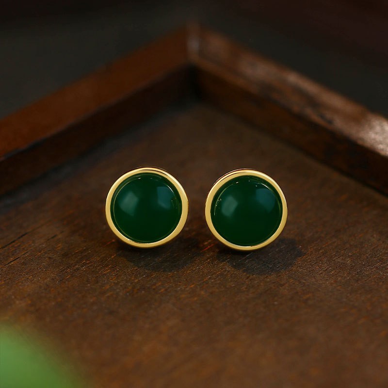 925 Silver Needle Retro Ink Emerald Round Earrings