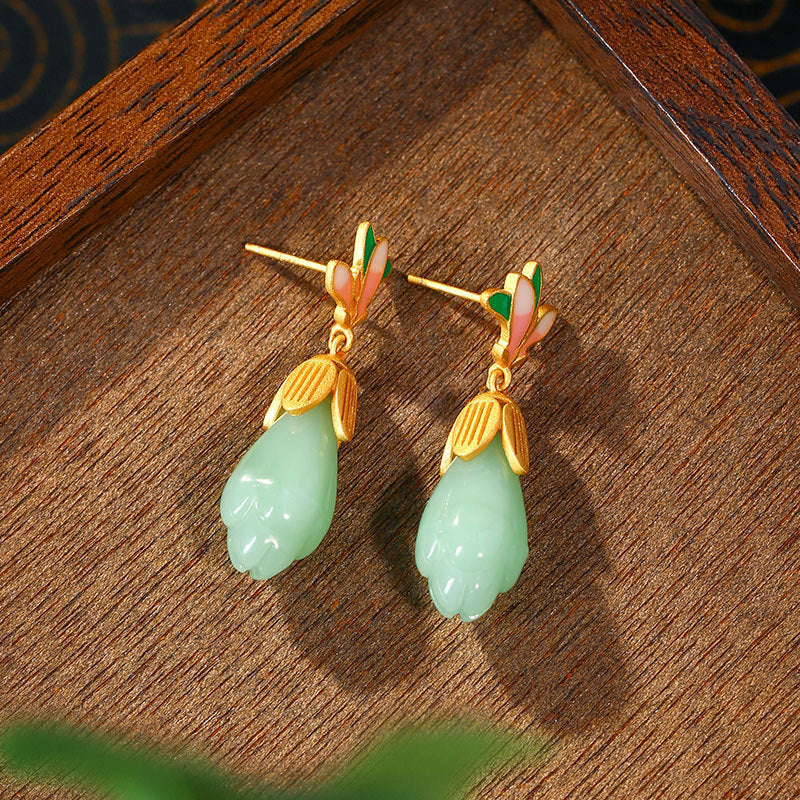 925 Silver Needle Magnolia Imitation Hetian Jade Antique Earrings for Women