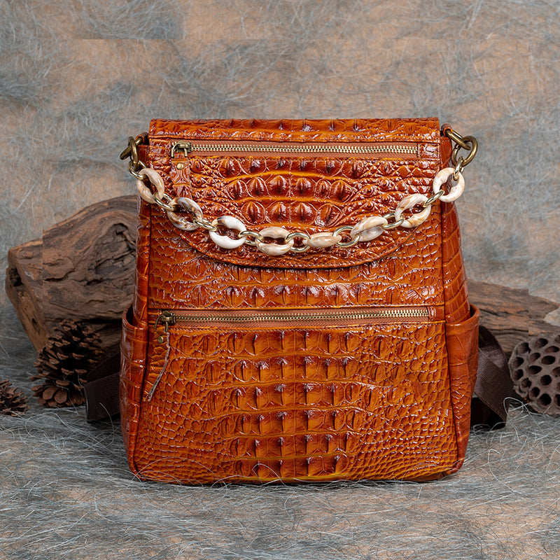 Top Layer Cowhide Crocodile Pattern Embossed Leather Backpack