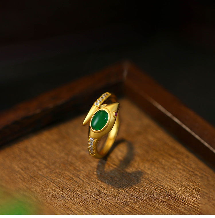 Gold Plated Green Eye Snake Ring with Triangle Snake Head