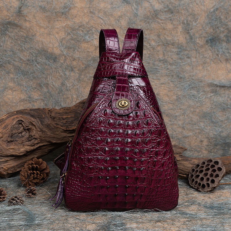 Live Source Top Layer Cowhide Multi-purpose Backpack with Vintage Embossed Crocodile Pattern, Hand-polished
