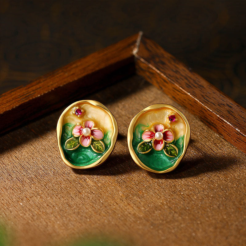 Monet Garden French Retro Silver Needle Flower Ear Studs