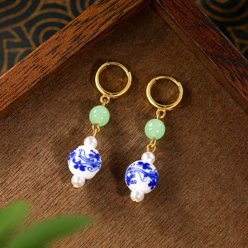 Blue and White Porcelain Earrings, Original Design, Handmade, Beaded